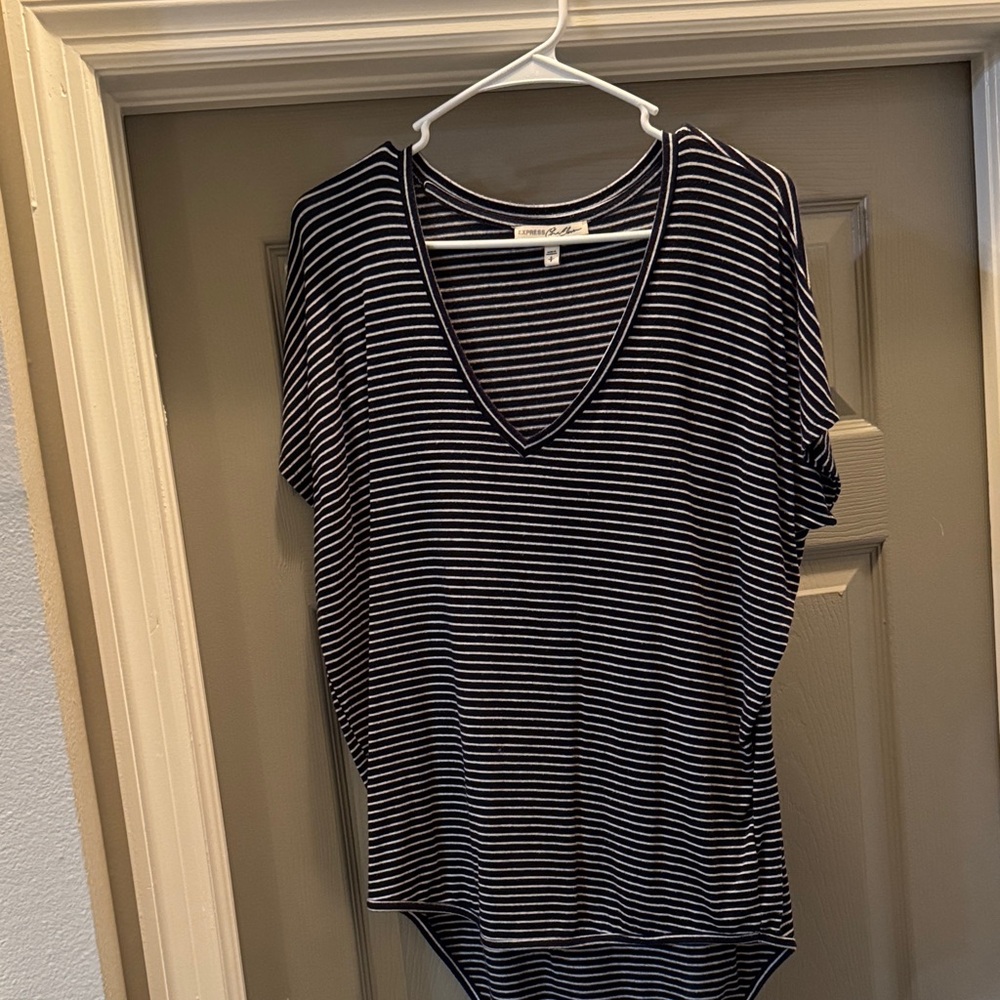 Express Navy and White Striped V-Neck Top